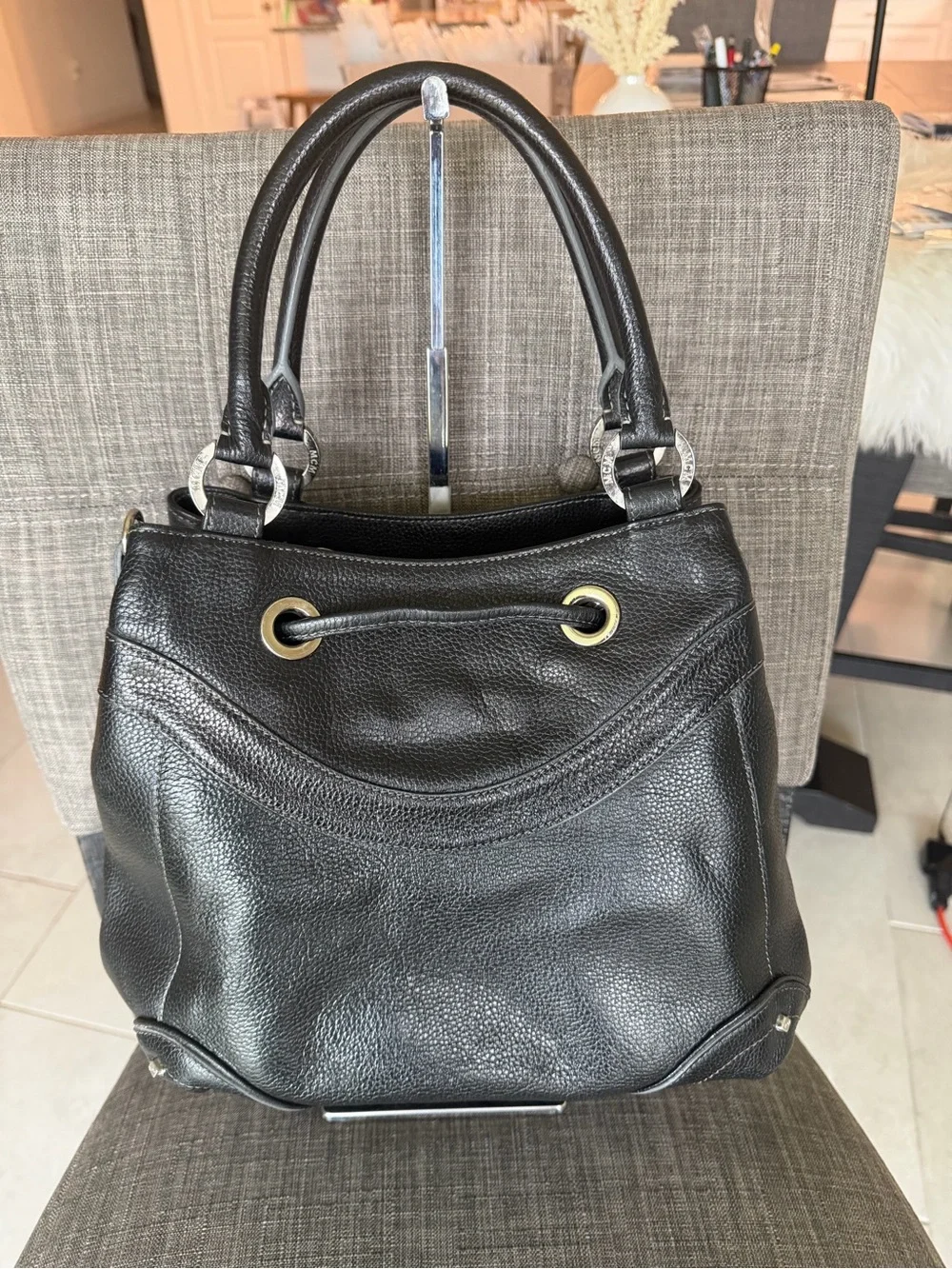 Mcm Black Leather Drawstring Tote Bag -